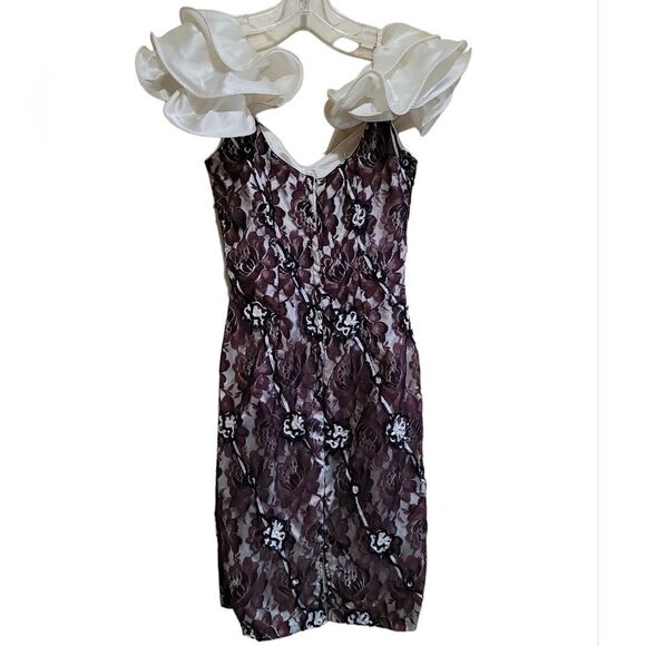 Midnight Glo Black Brown Cream Lace Aline Bodycon Dress W Ruffle Sleeve Sz 6 - Picture 2 of 8